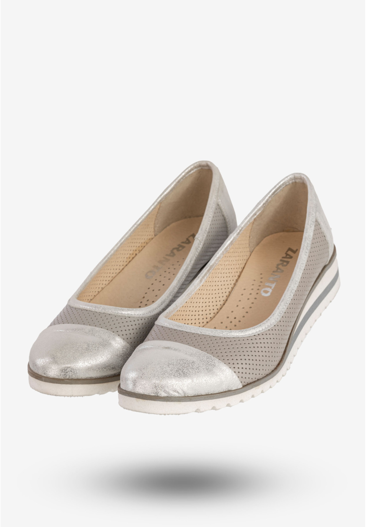 Baleriny Damskie Skórzane Buty Eleganckie Srebrne Zaranto D-307