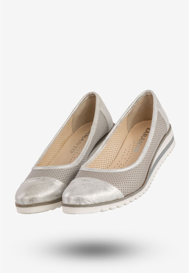 Baleriny Damskie Skórzane Buty Eleganckie Srebrne Zaranto D-307