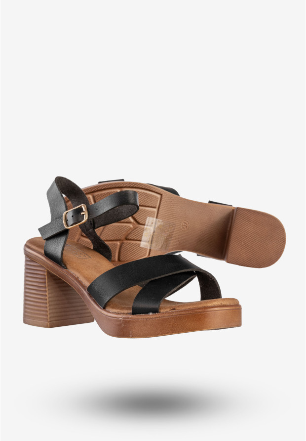Sandały Damskie Ekoskóra Na Słupku Modne Czarne Lucky Shoes B-3