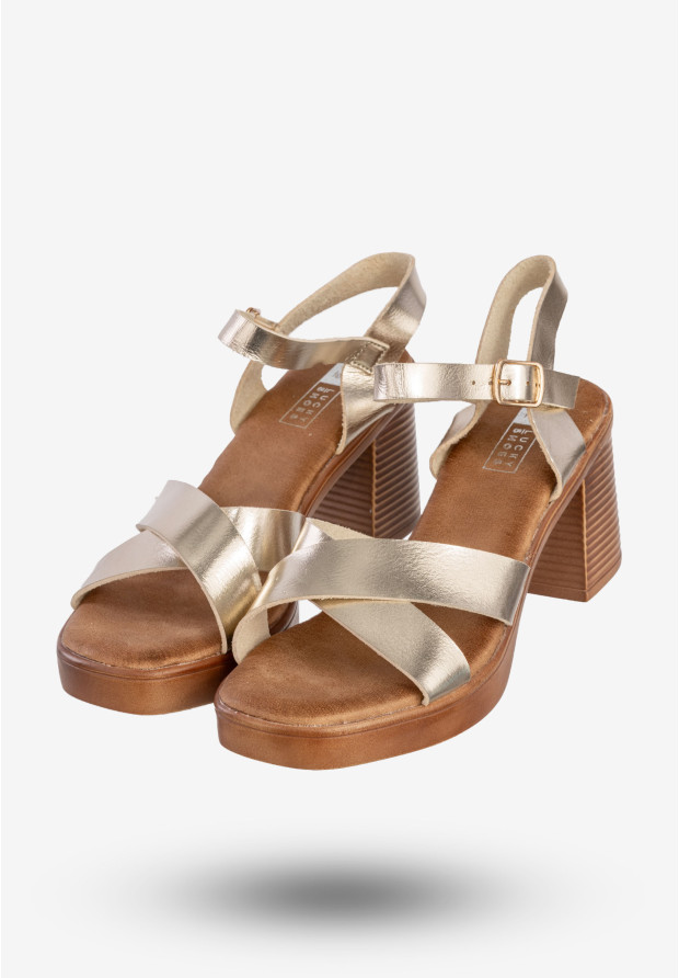 Sandały Damskie Ekoskóra Na Słupku Modne Złote Lucky Shoes B-3