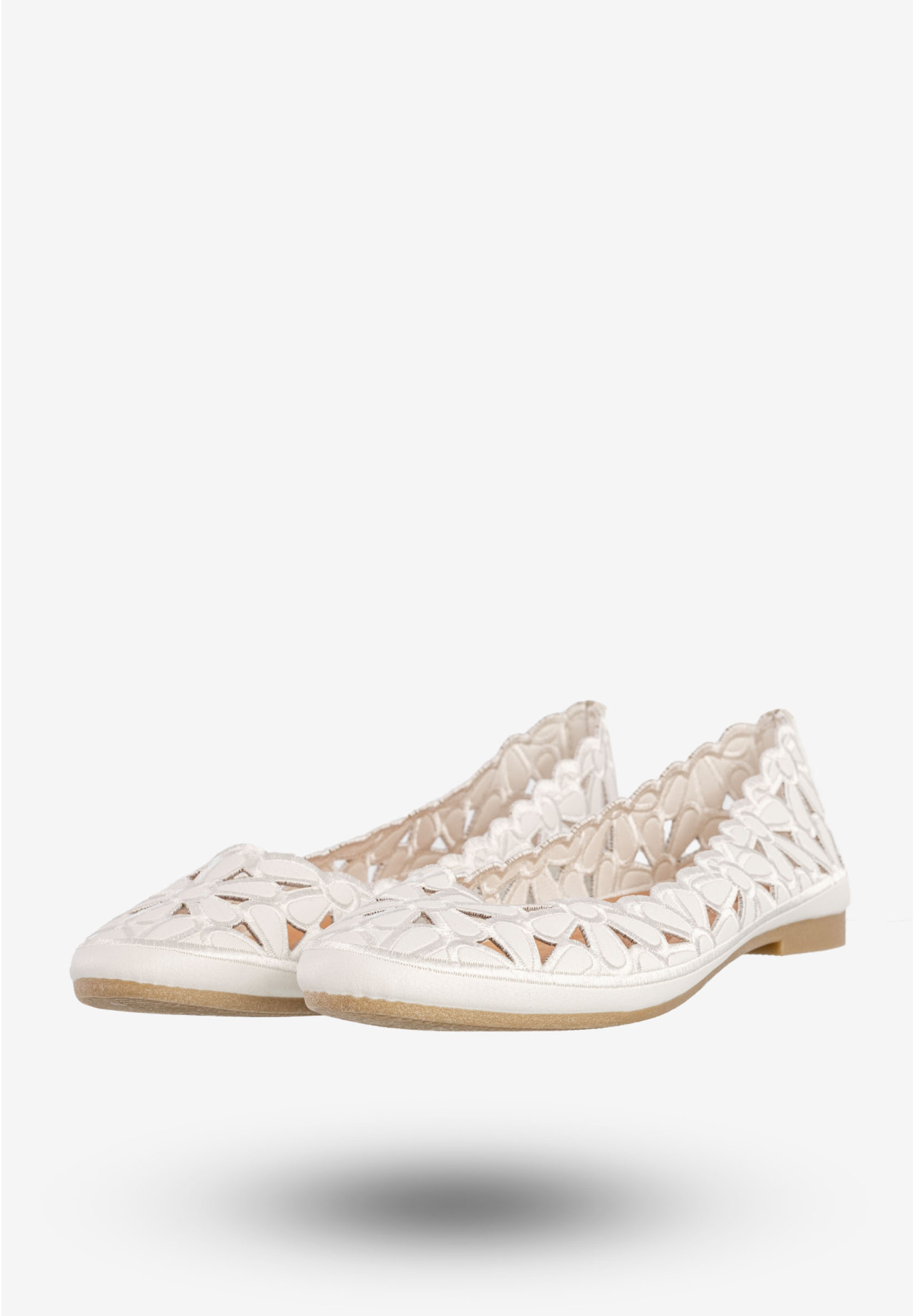 Baleriny Damskie Buty Eleganckie Kwiatowe Białe DD2008-2A