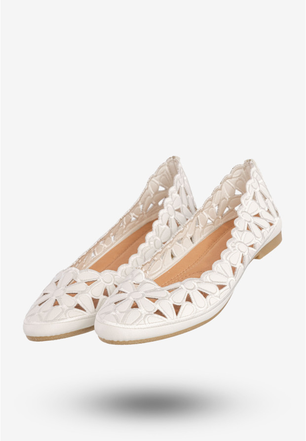 Baleriny Damskie Buty Eleganckie Kwiatowe Białe DD2008-2A