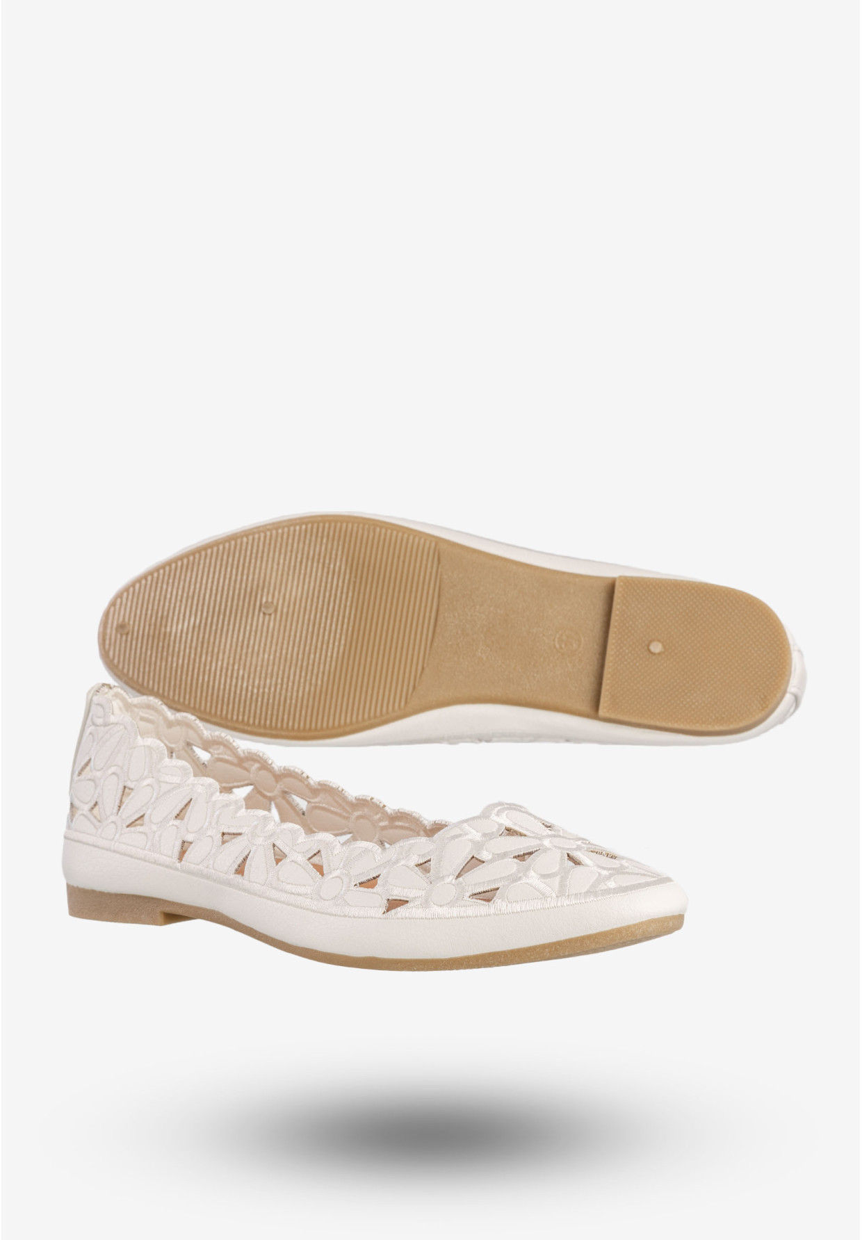 Baleriny Damskie Buty Eleganckie Kwiatowe Białe DD2008-2A