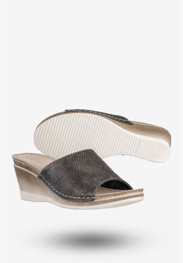 Klapki Damskie Na Koturnie Buty Skórzana Wkładka Metaliczne Goodin GD-YQ-26