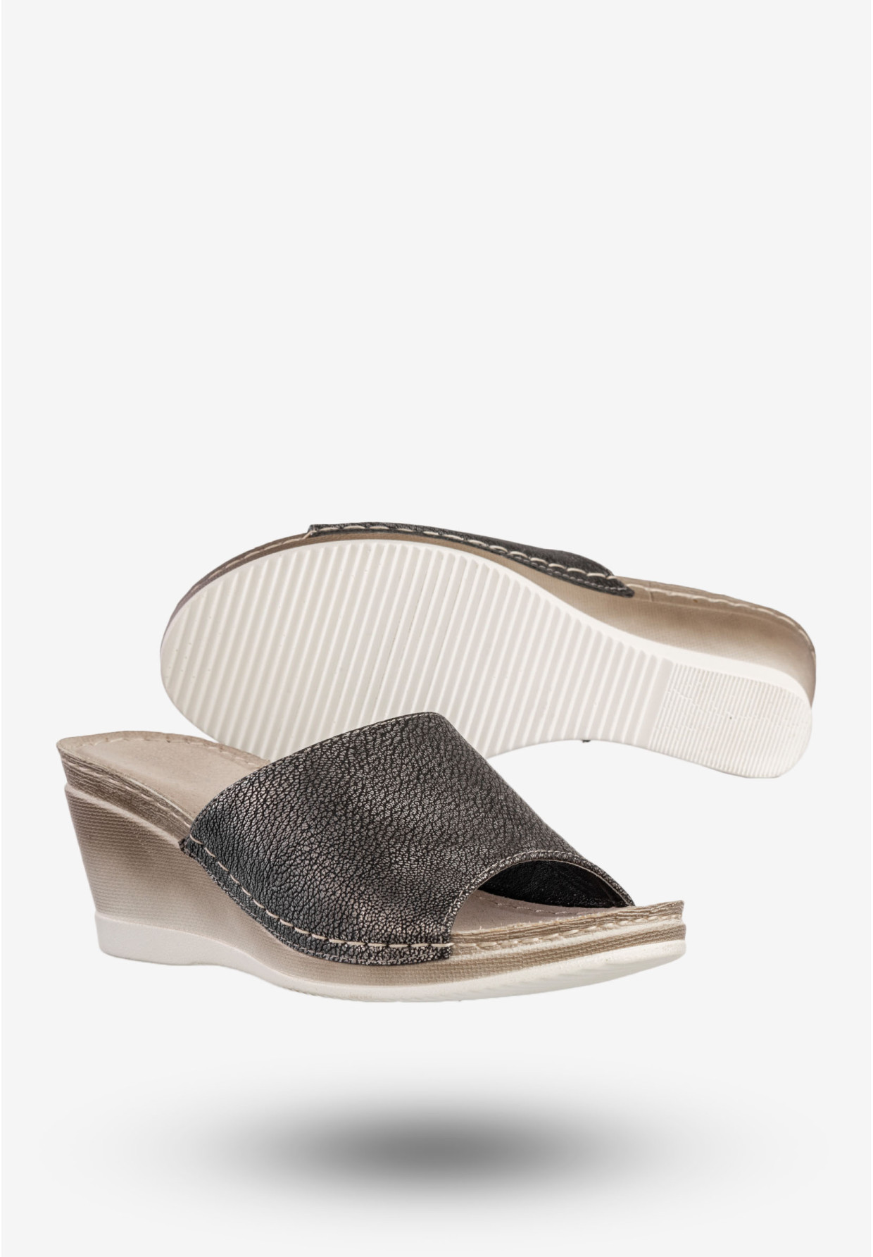 Klapki Damskie Na Koturnie Buty Skórzana Wkładka Metaliczne Goodin GD-YQ-26