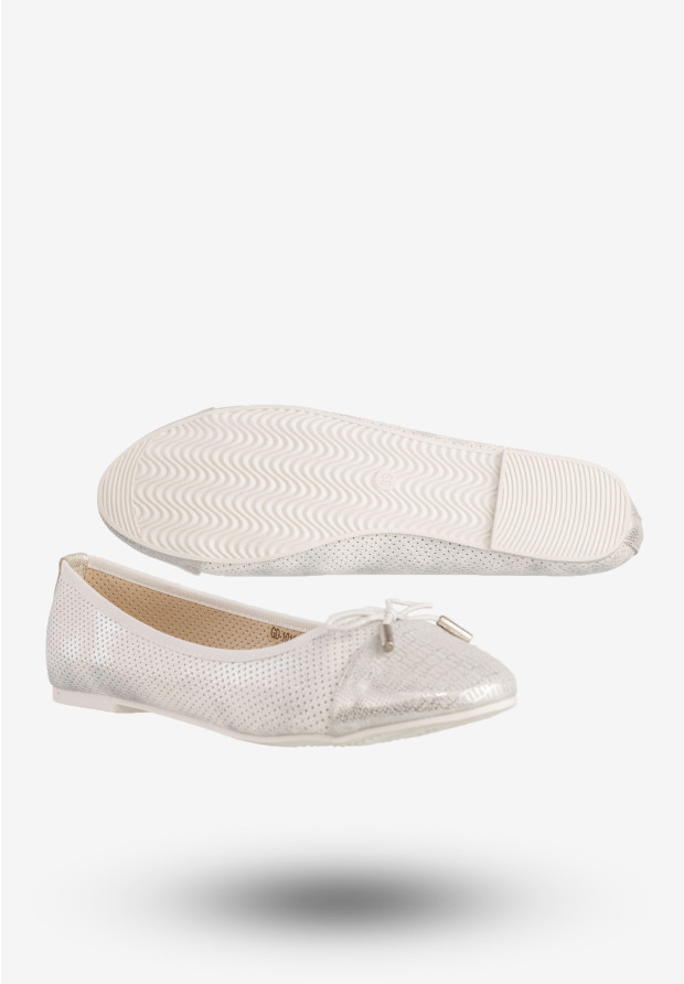 Baleriny Damskie Buty Na Wiosnę Lato Z Kokardką Skórzana Wkładka Srebrne Goodin GD-1010