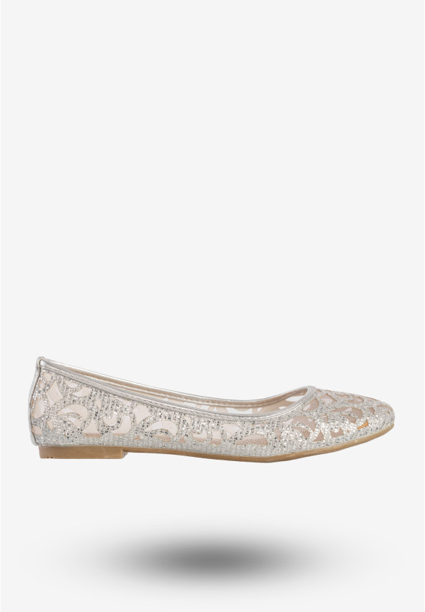Baleriny Damskie Buty Eleganckie Ażurowe Brokatowe Srebrne 608-192
