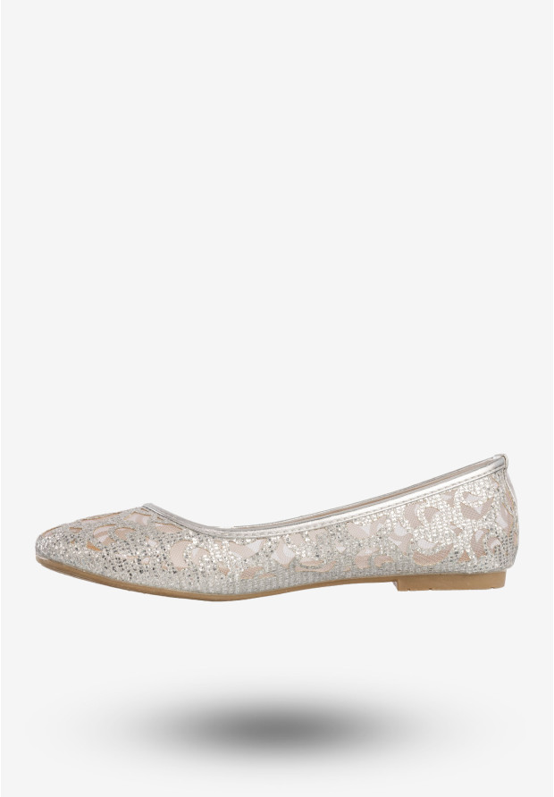 Baleriny Damskie Buty Eleganckie Ażurowe Brokatowe Srebrne 608-192