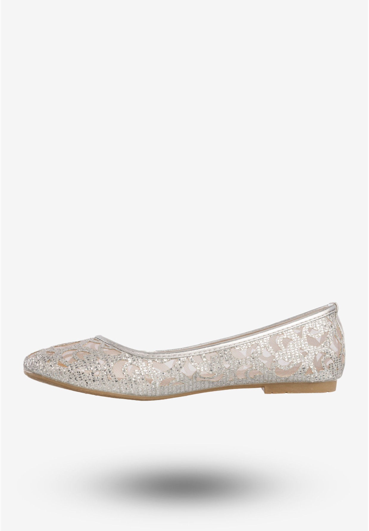 Baleriny Damskie Buty Eleganckie Ażurowe Brokatowe Srebrne 608-192