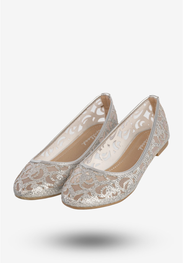 Baleriny Damskie Buty Eleganckie Ażurowe Brokatowe Srebrne 608-192