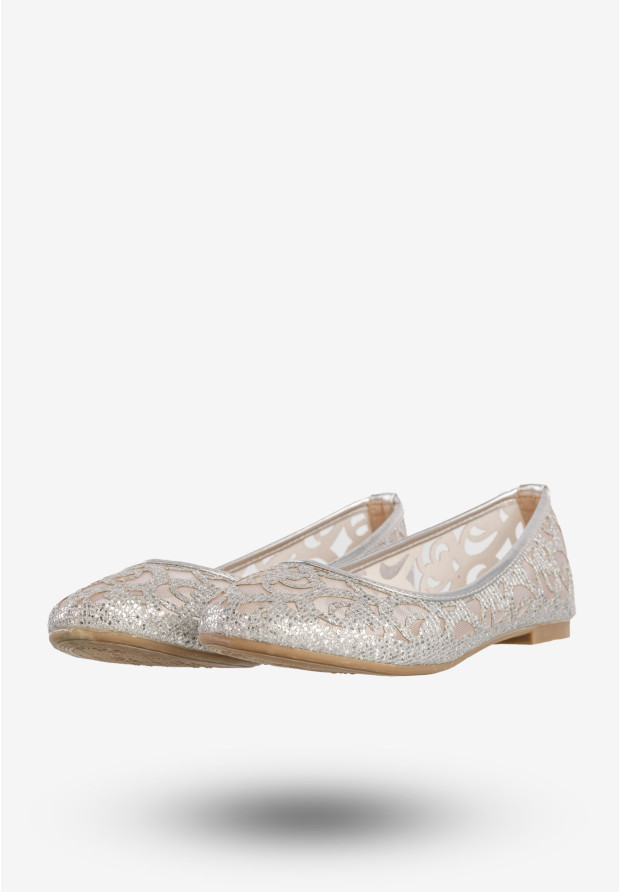 Baleriny Damskie Buty Eleganckie Ażurowe Brokatowe Srebrne 608-192