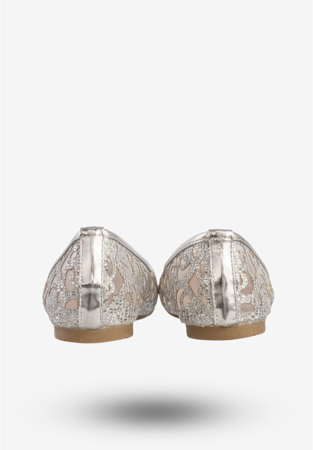 Baleriny Damskie Buty Eleganckie Ażurowe Brokatowe Srebrne 608-192