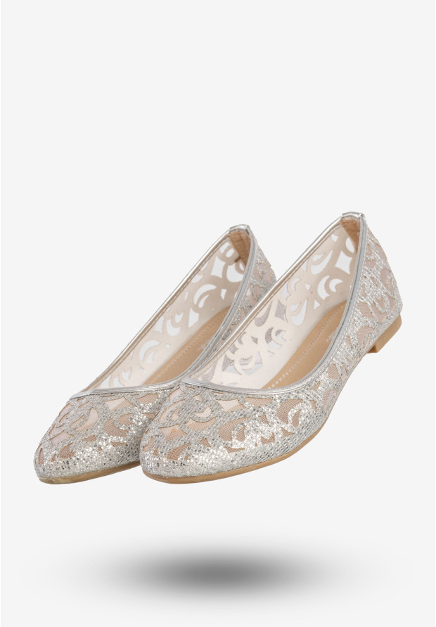 Baleriny Damskie Buty Eleganckie Ażurowe Brokatowe Srebrne 608-192