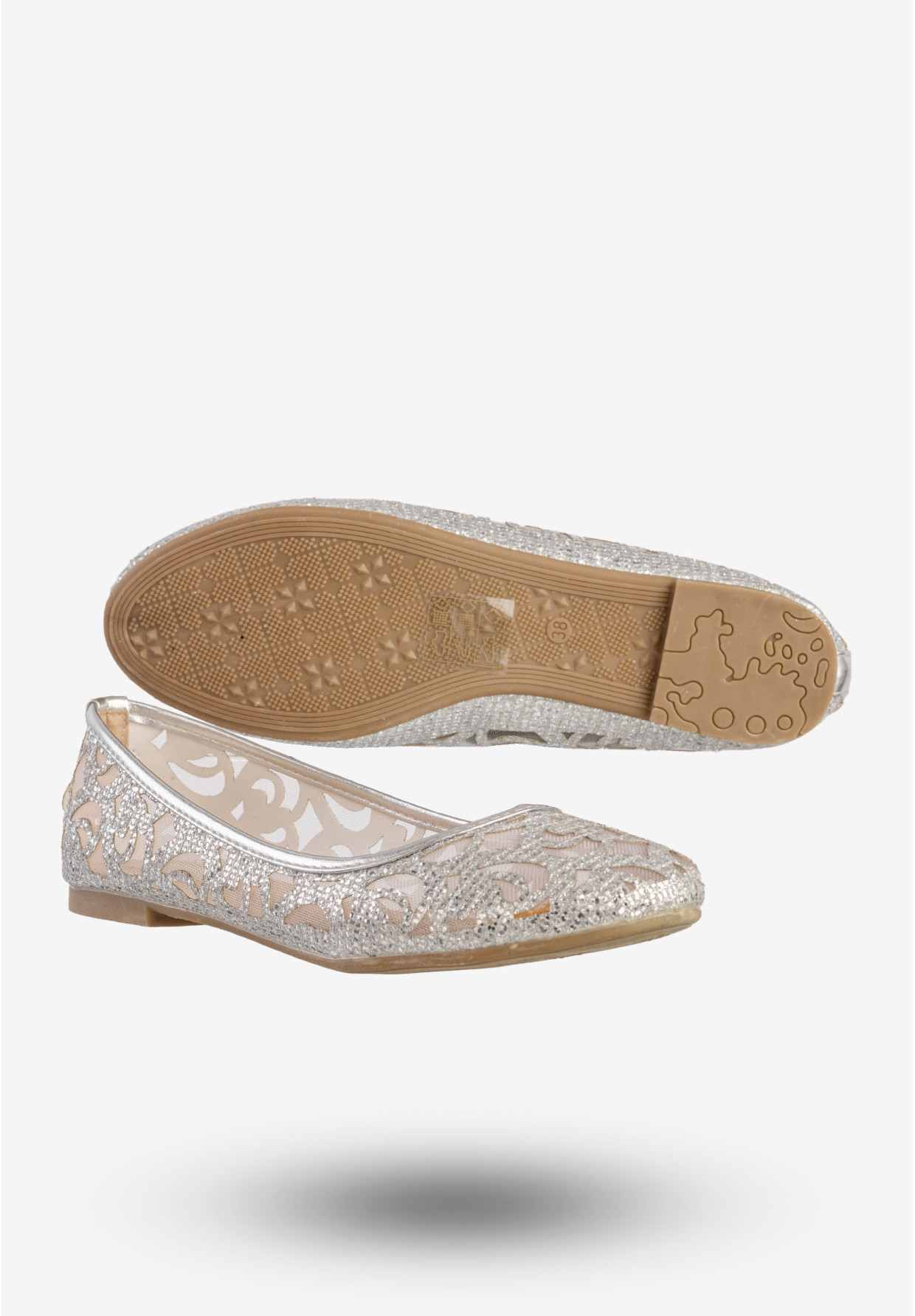 Baleriny Damskie Buty Eleganckie Ażurowe Brokatowe Srebrne 608-192