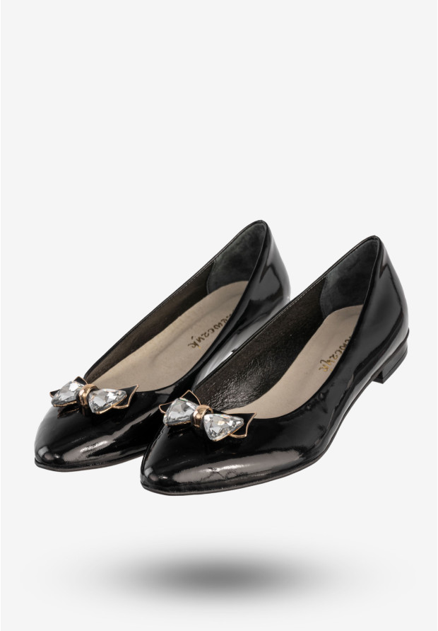 Baleriny Damskie Skórzane Buty Z Kokardą Czarne Szewczyk 09