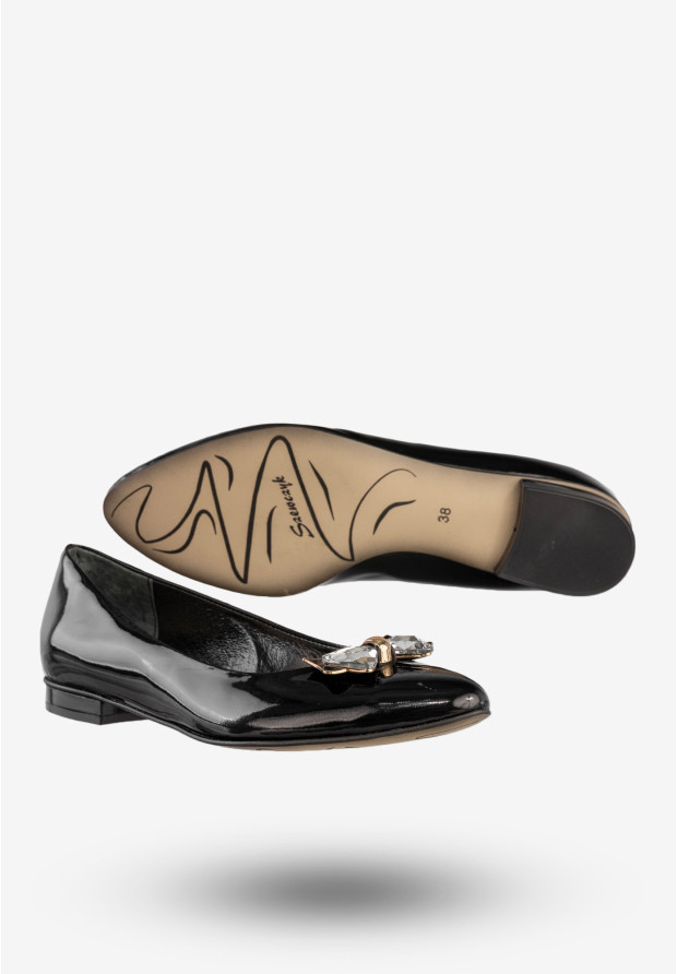 Baleriny Damskie Skórzane Buty Z Kokardą Czarne Szewczyk 09