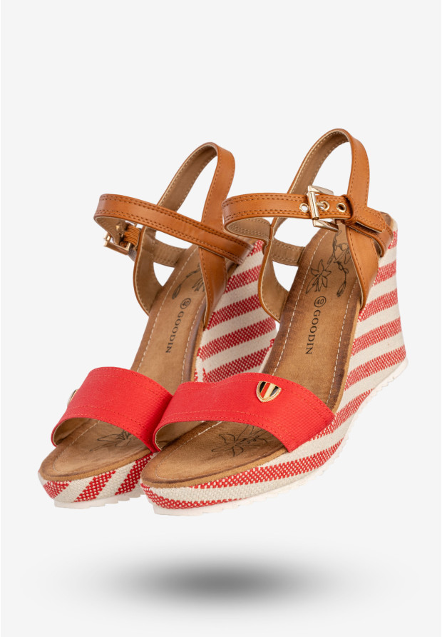 Sandały Damskie Buty Na Koturnie Letnie W Paski Czerwone Goodin GD-FL145B