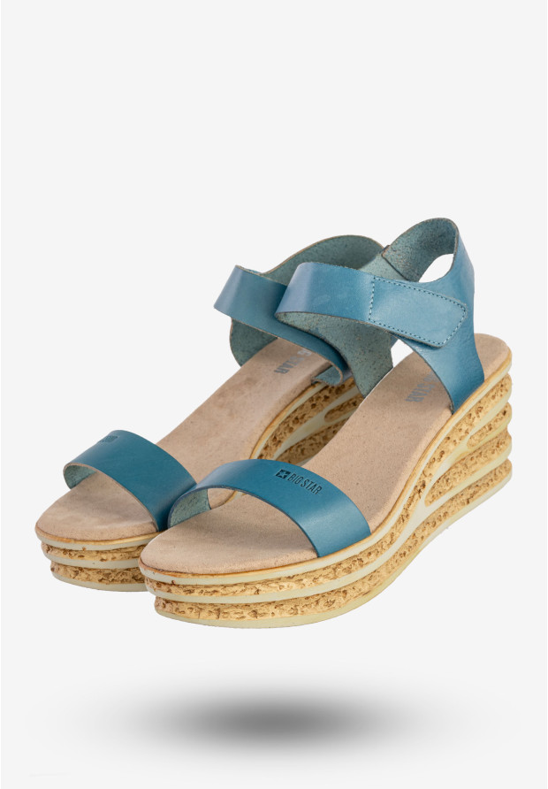 Sandały Damskie BIG STAR Skórzane Buty Na Koturnie Niebieskie DD274A064
