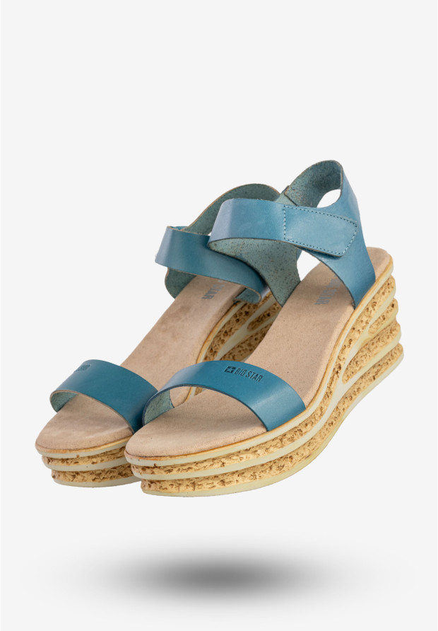 Sandały Damskie BIG STAR Skórzane Buty Na Koturnie Niebieskie DD274A064