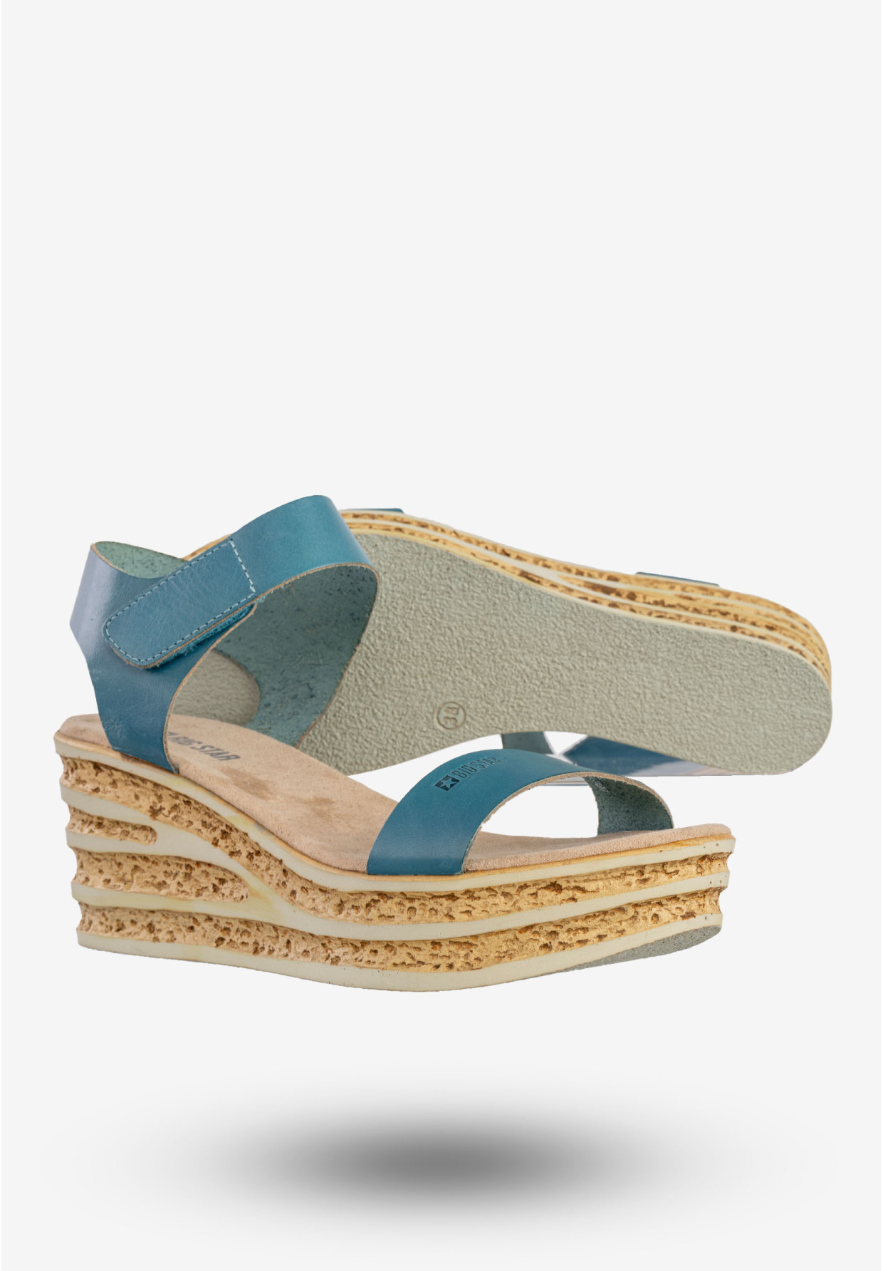 Sandały Damskie BIG STAR Skórzane Buty Na Koturnie Niebieskie DD274A064