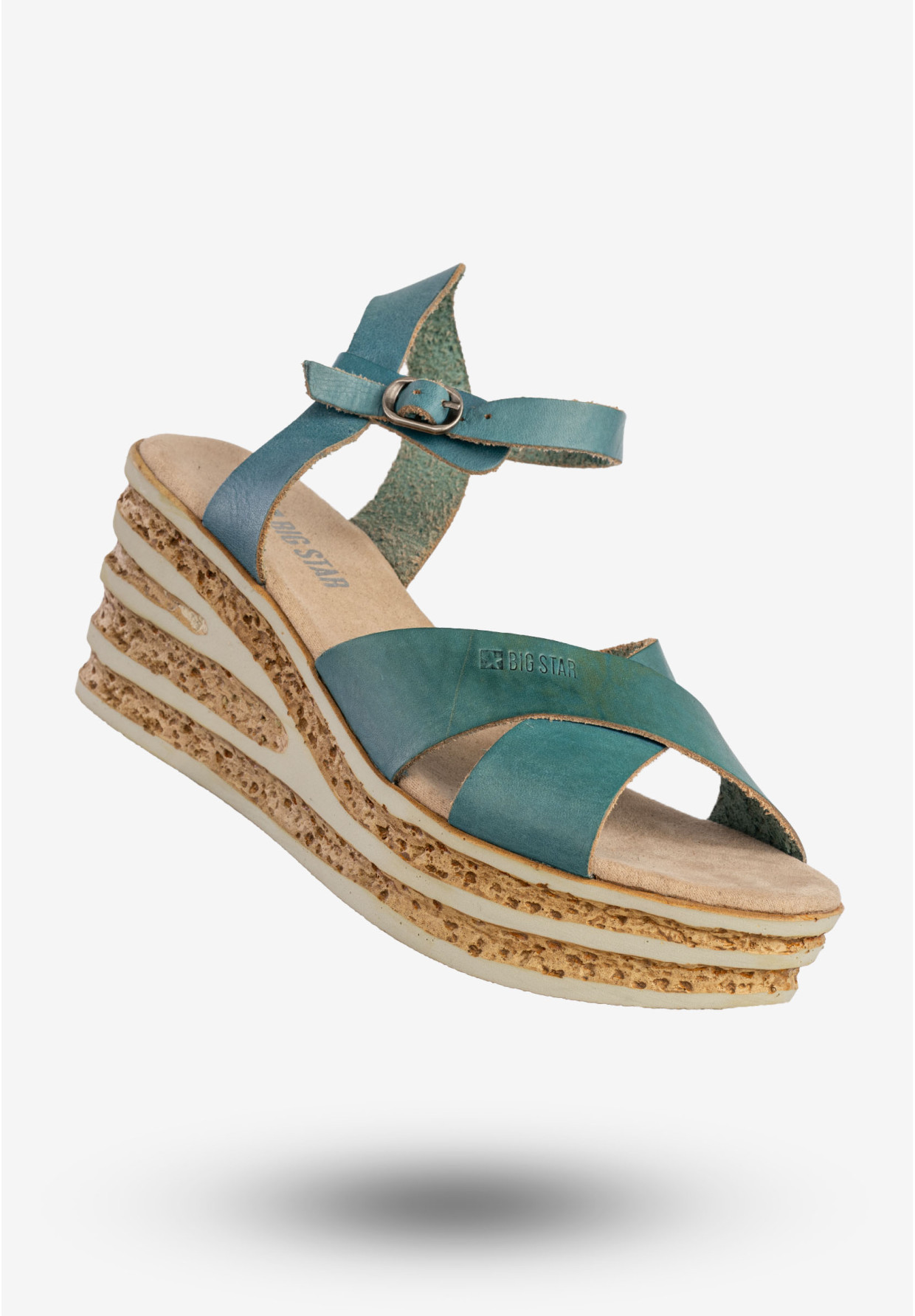 Sandały Damskie BIG STAR Skórzane Buty Na Koturnie Niebieskie DD274A053