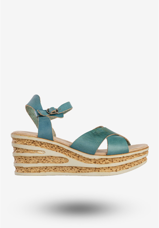 Sandały Damskie BIG STAR Skórzane Buty Na Koturnie Niebieskie DD274A053