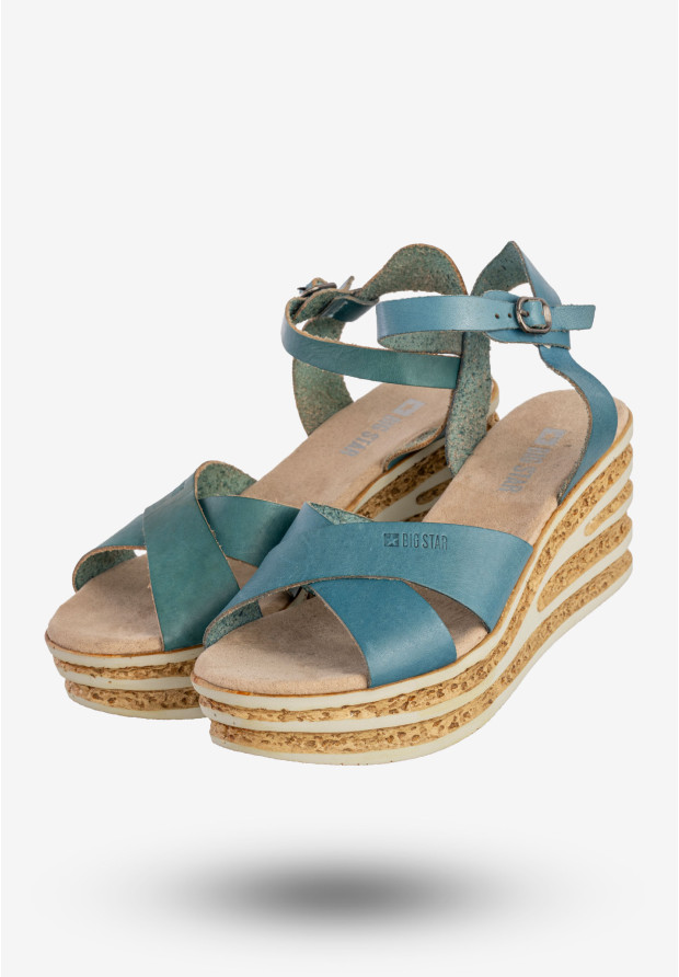 Sandały Damskie BIG STAR Skórzane Buty Na Koturnie Niebieskie DD274A053