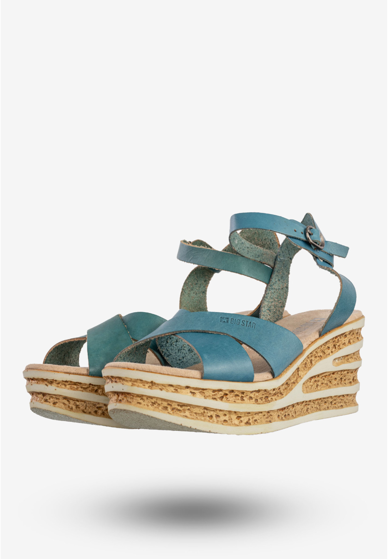 Sandały Damskie BIG STAR Skórzane Buty Na Koturnie Niebieskie DD274A053