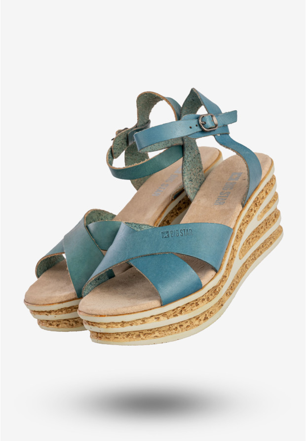 Sandały Damskie BIG STAR Skórzane Buty Na Koturnie Niebieskie DD274A053