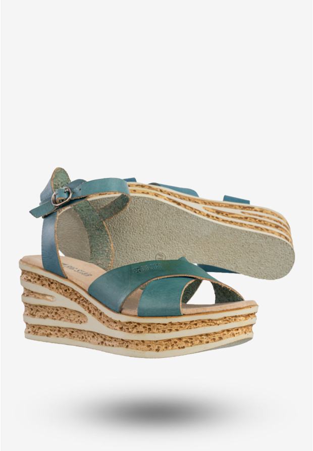 Sandały Damskie BIG STAR Skórzane Buty Na Koturnie Niebieskie DD274A053