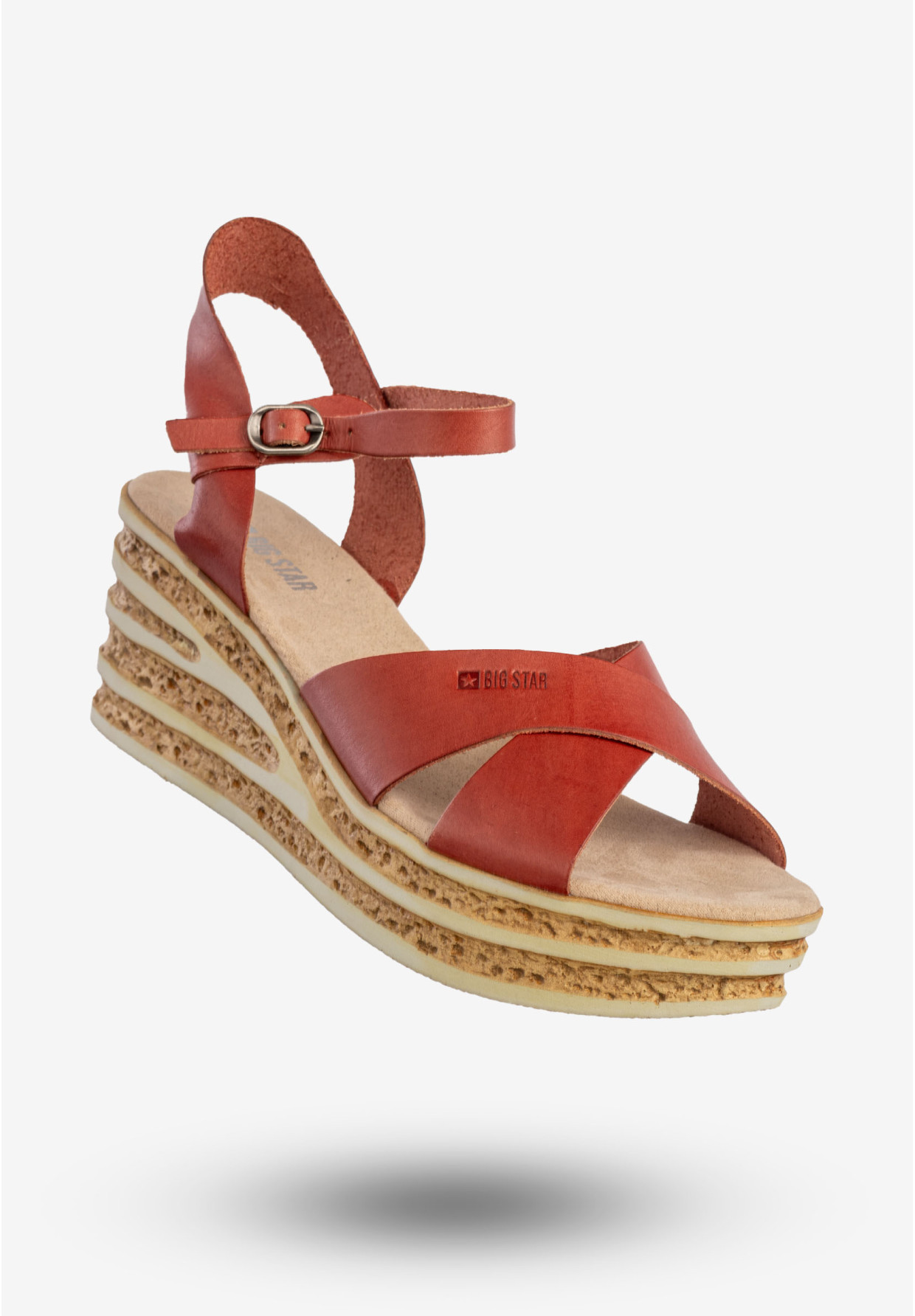 Sandały Damskie BIG STAR Skórzane Buty Na Koturnie Czerwone DD274A055
