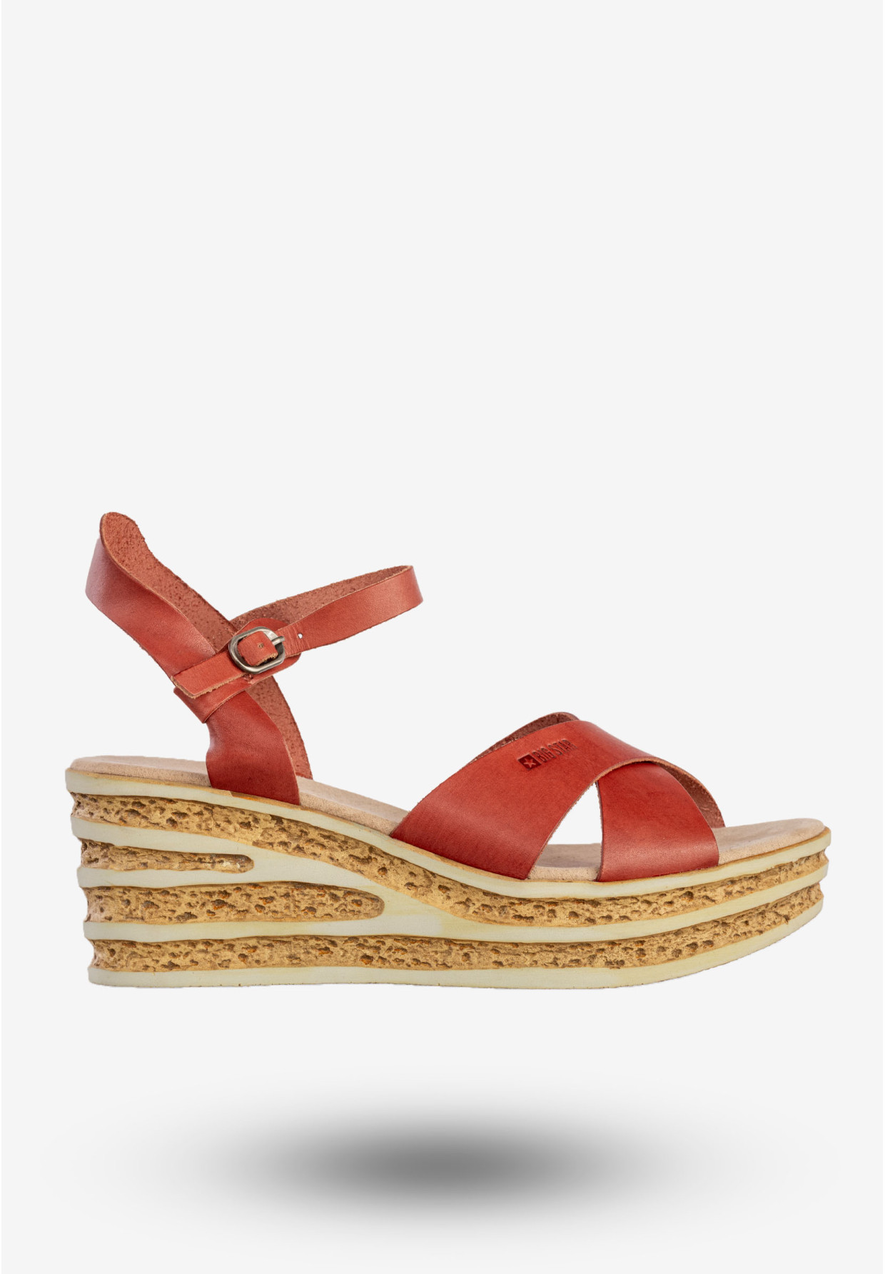 Sandały Damskie BIG STAR Skórzane Buty Na Koturnie Czerwone DD274A055
