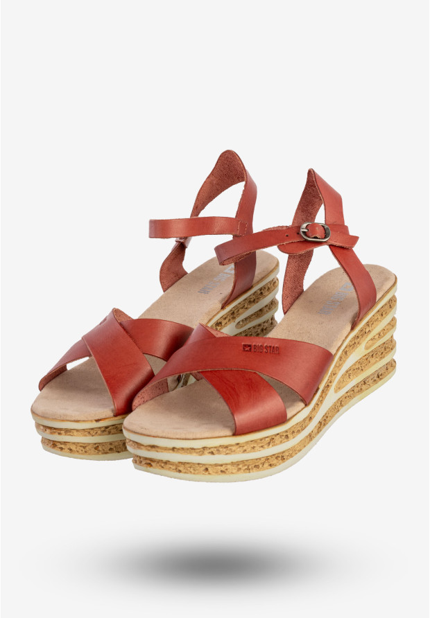Sandały Damskie BIG STAR Skórzane Buty Na Koturnie Czerwone DD274A055