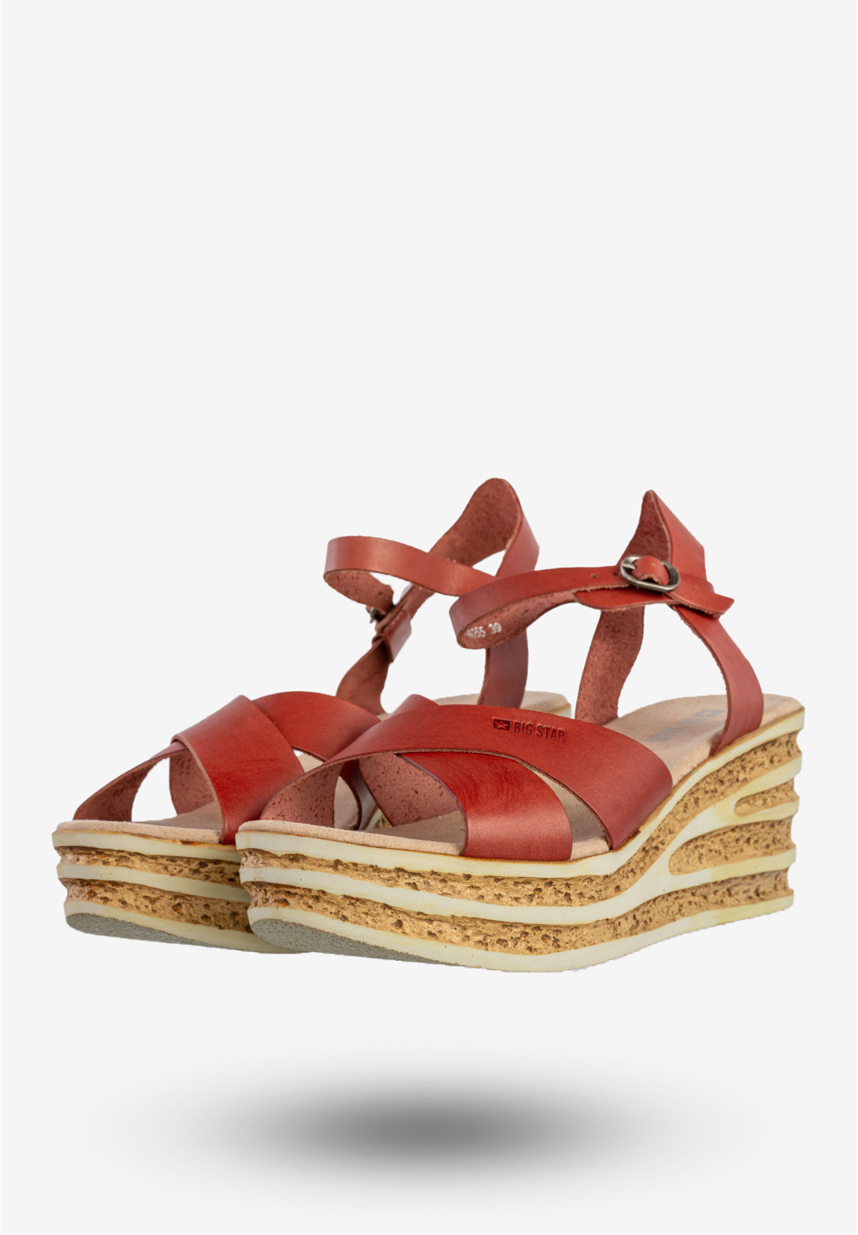Sandały Damskie BIG STAR Skórzane Buty Na Koturnie Czerwone DD274A055