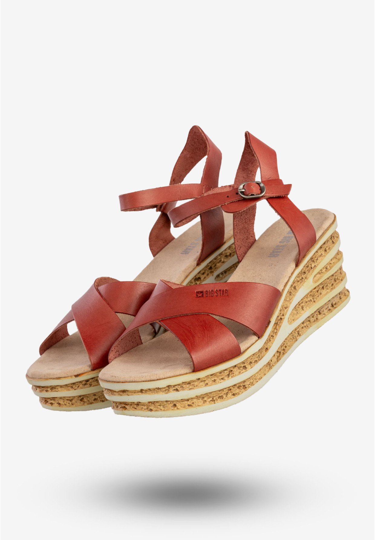 Sandały Damskie BIG STAR Skórzane Buty Na Koturnie Czerwone DD274A055