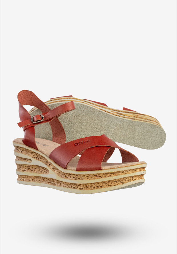 Sandały Damskie BIG STAR Skórzane Buty Na Koturnie Czerwone DD274A055
