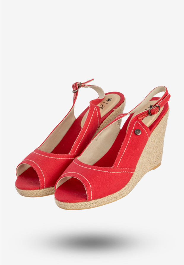 Sandały Damskie BIG STAR Buty Na Koturnie Materiałowe Czerwone S274265