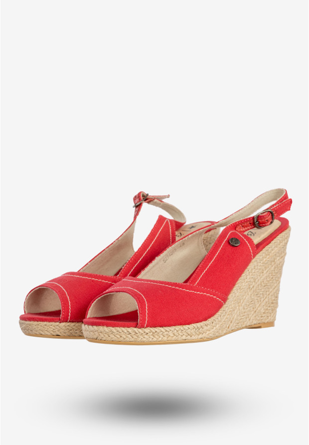 Sandały Damskie BIG STAR Buty Na Koturnie Materiałowe Czerwone S274265