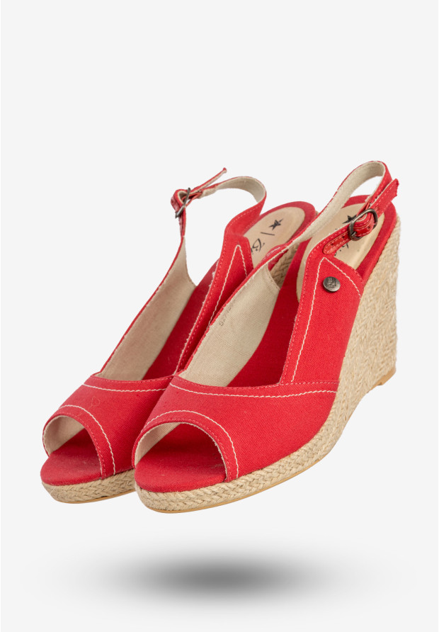 Sandały Damskie BIG STAR Buty Na Koturnie Materiałowe Czerwone S274265