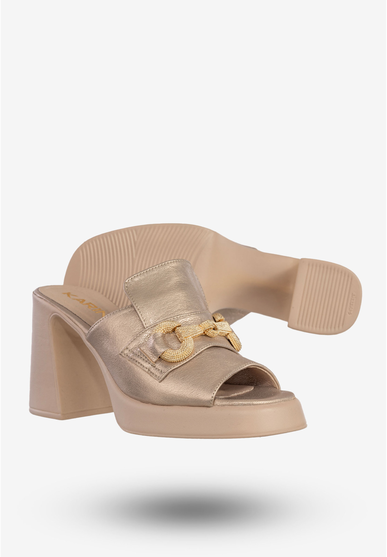 Klapki Damskie Skórzane Eleganckie Buty Na Obcasie Złote Karino