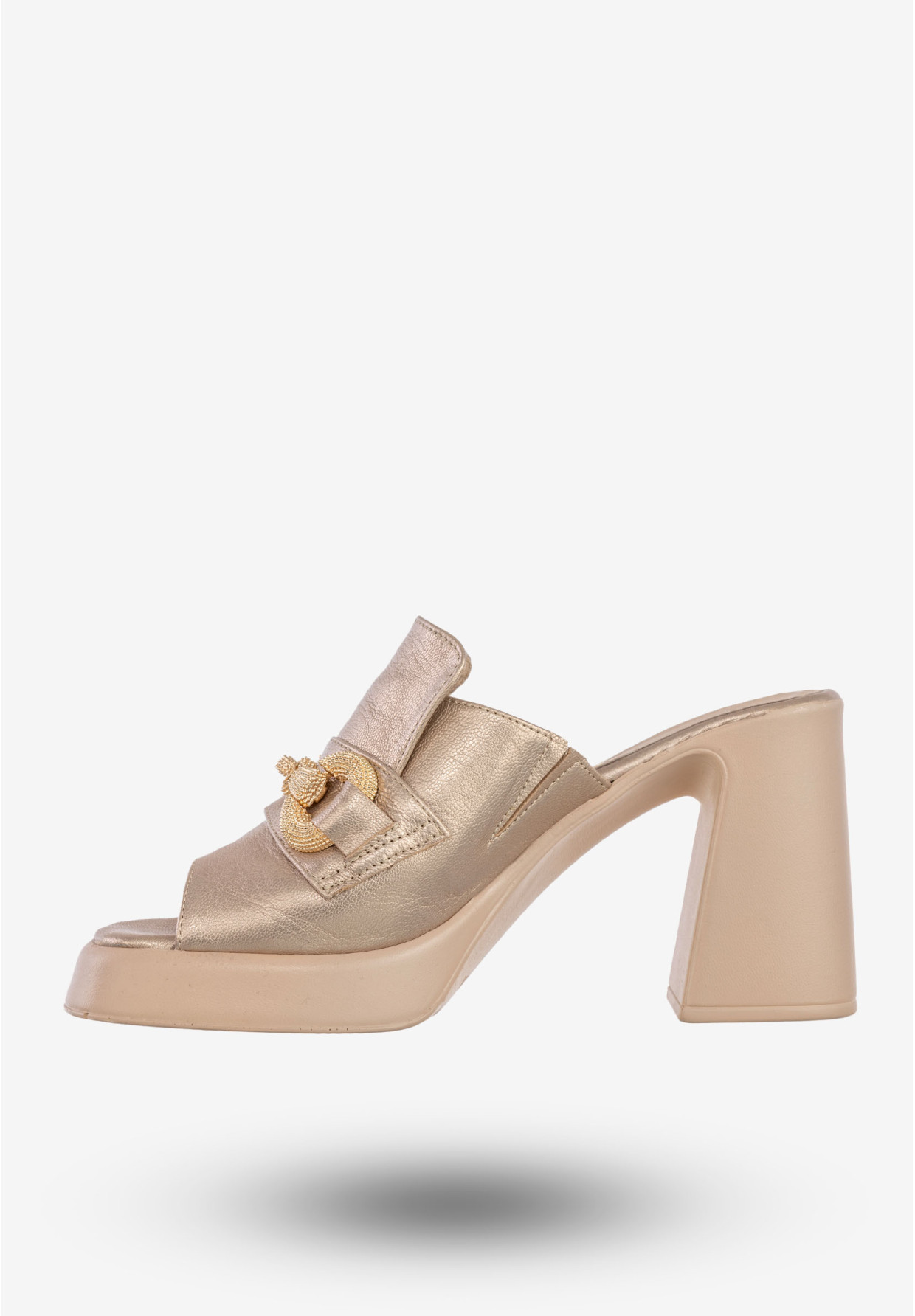 Klapki Damskie Skórzane Eleganckie Buty Na Obcasie Złote Karino