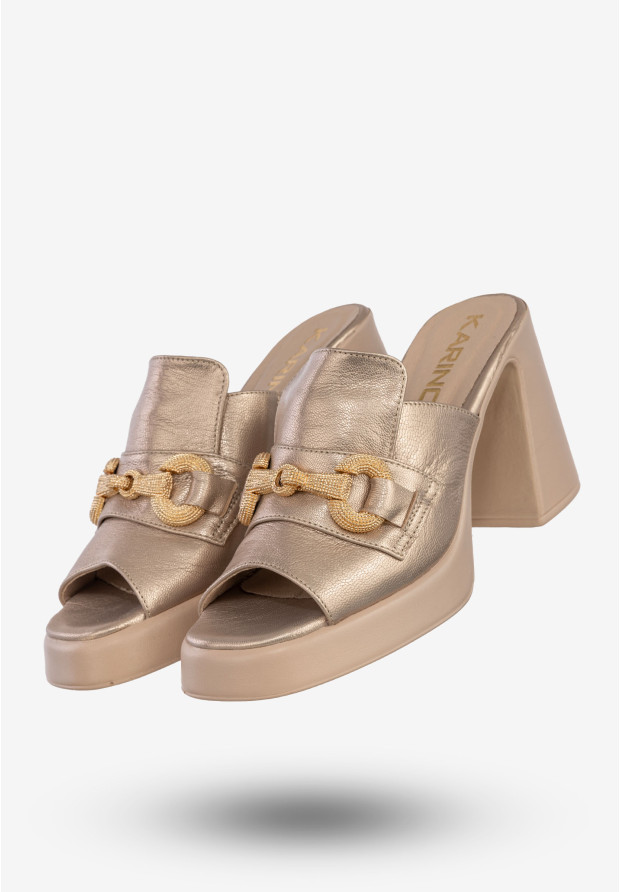 Klapki Damskie Skórzane Eleganckie Buty Na Obcasie Złote Karino