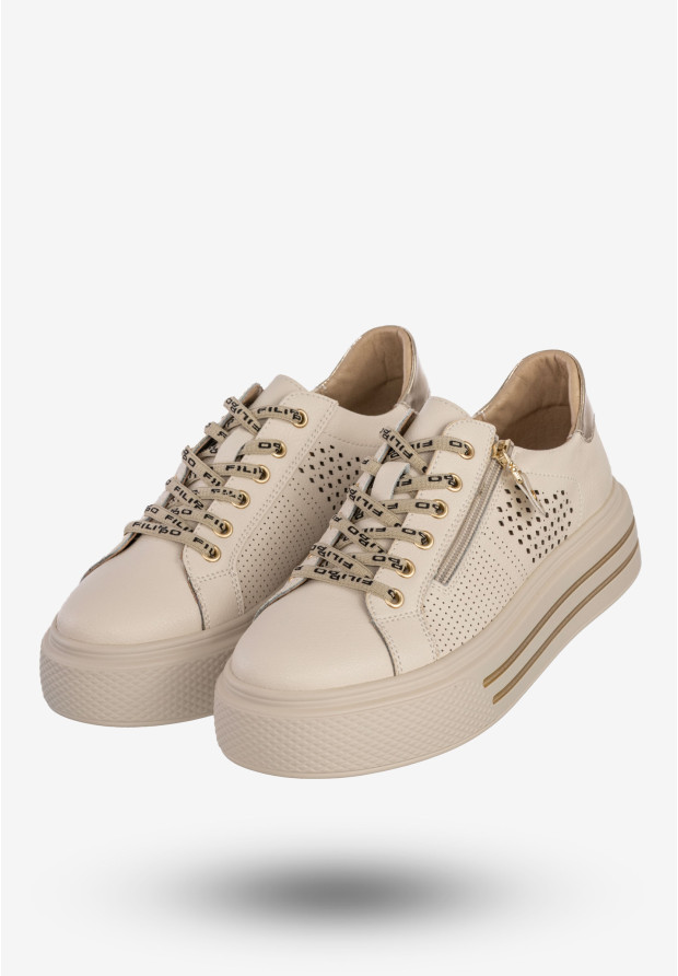 Sneakersy Damskie Skórzane Buty Sportowe Na Platformie Stylowe Beżowe Filippo