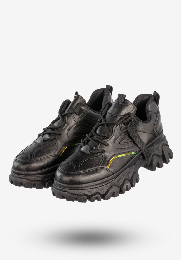Sneakersy Damskie Ekoskóra Buty Sportowe Gruba Podeszwa Czarne