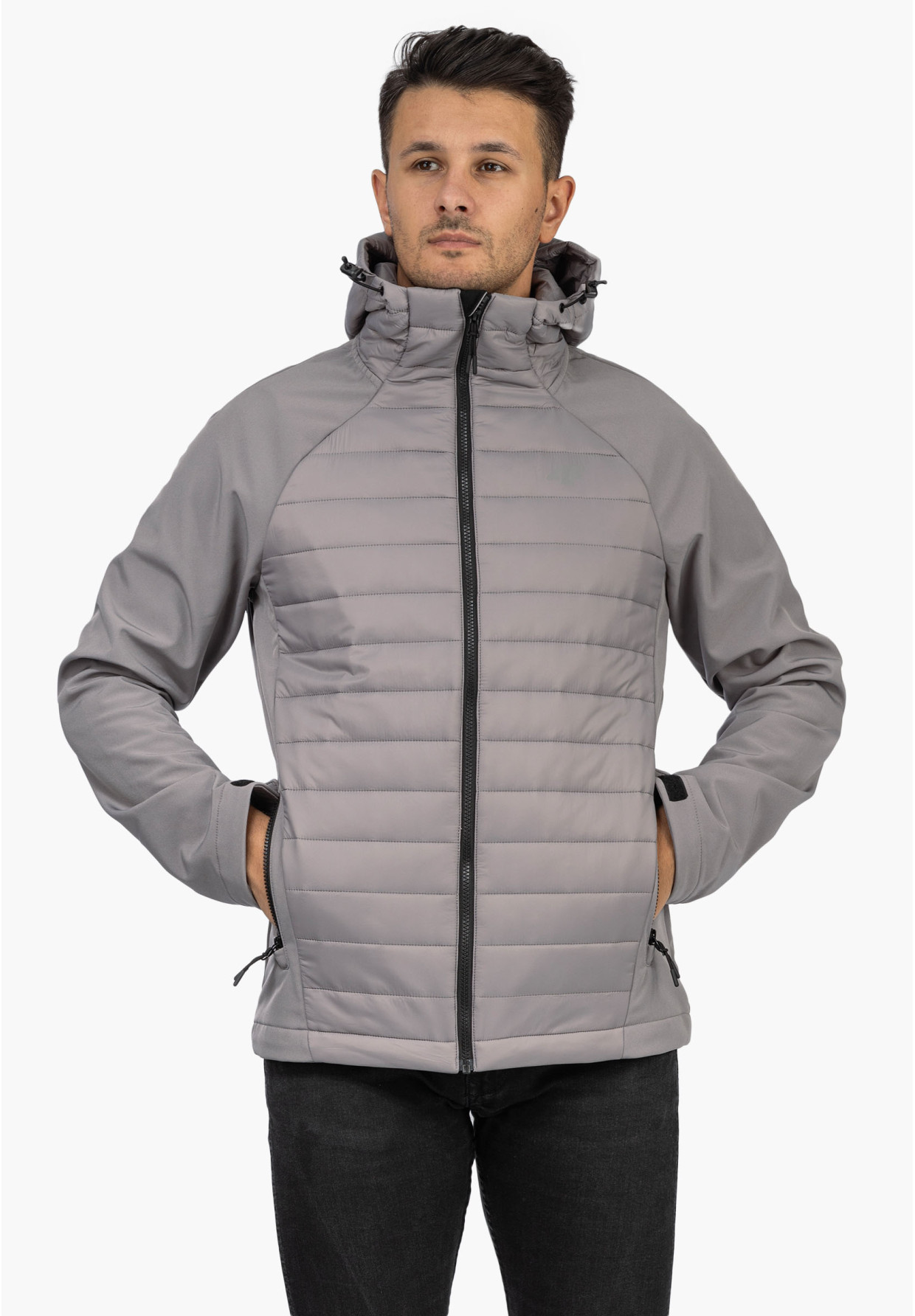 Kurtka Męska 4F Softshell Wiatroodporna Z Kapturem Szara 4FAW21TSOFM096