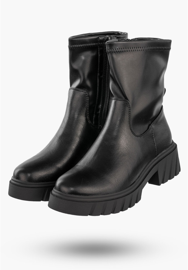 Botki Damskie Ekoskóra Buty Ocieplane Zimowe Gruba Podeszwa Czarne Jezzi RMR2502-8