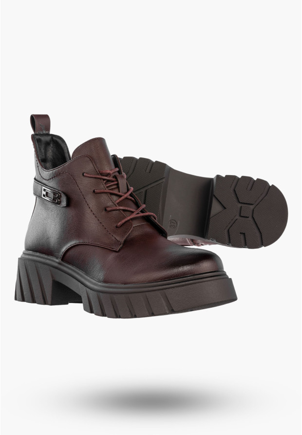 Botki Damskie Ekoskóra Buty Ocieplane Zimowe Gruba Podeszwa Bordowe Jezzi RMR2502-3