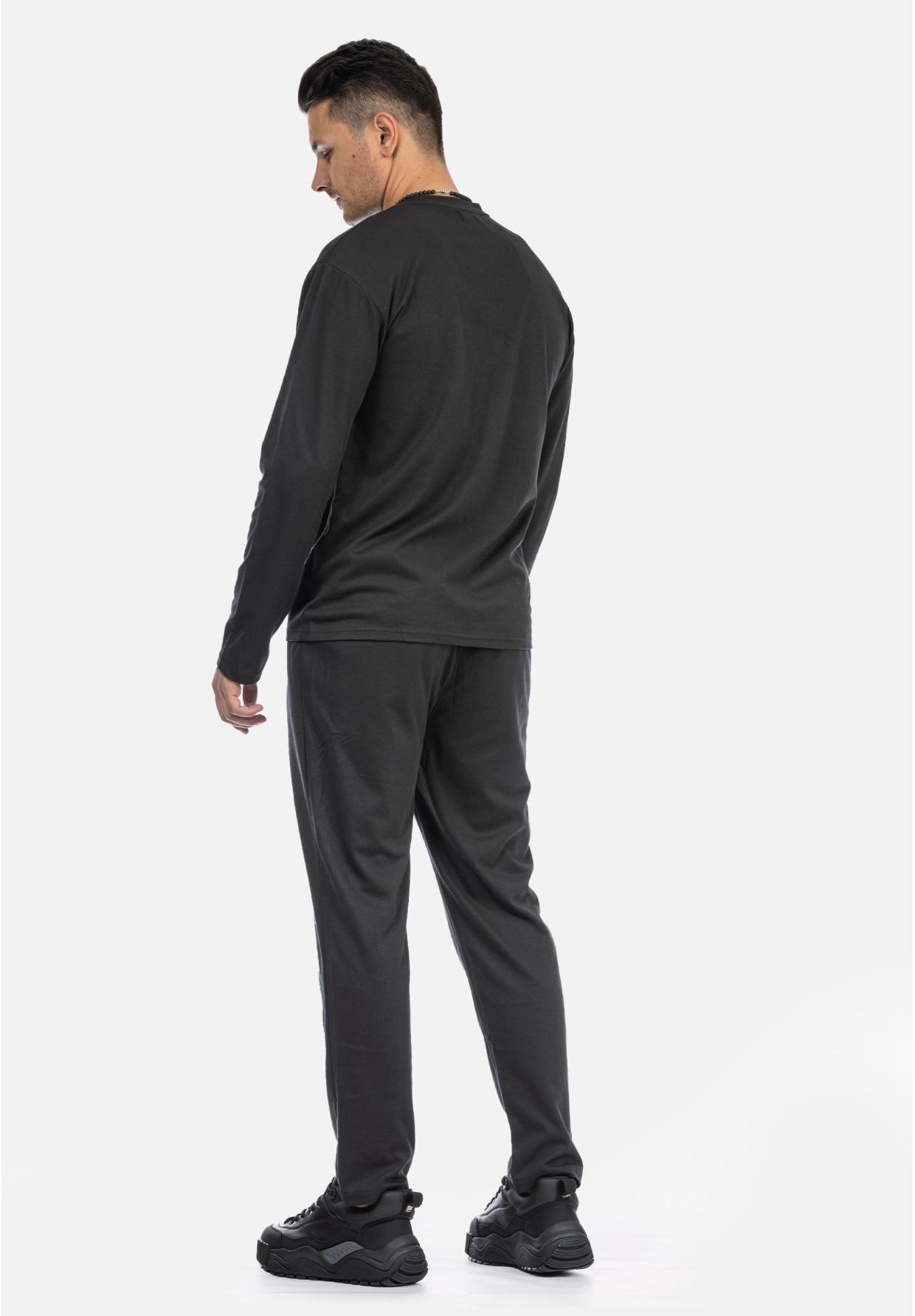 Komplet Męski Bluzka Longsleeve Spodnie Materiałowe Czarny Frilivin BM2055