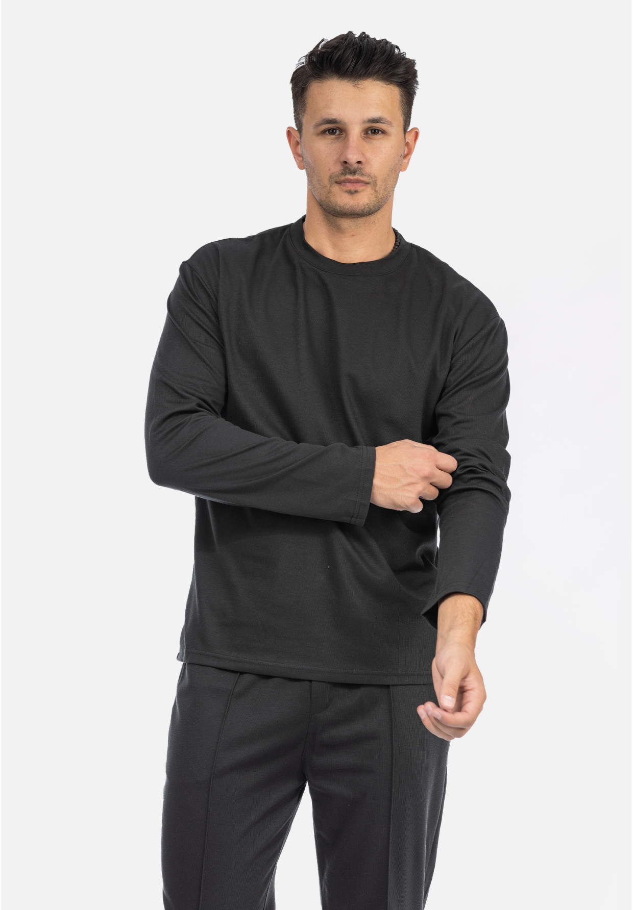Komplet Męski Bluzka Longsleeve Spodnie Materiałowe Czarny Frilivin BM2055