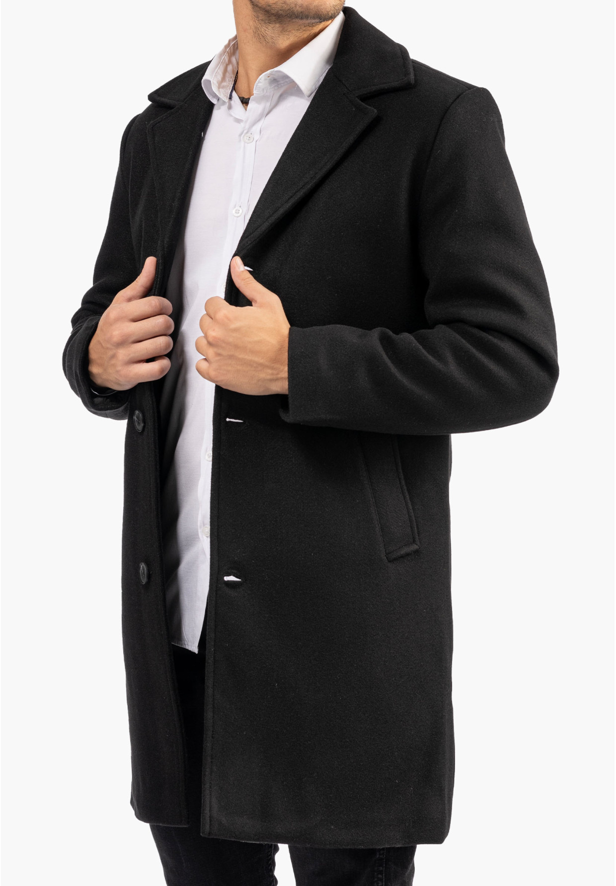 Płaszcz Męski Długi Czarny Elegancki Zimowy Klasyczny Formalny